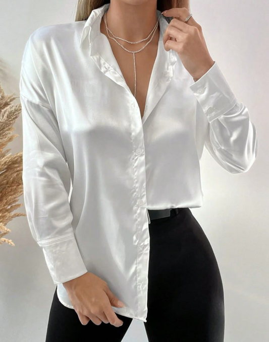 Blusa de satín Charlot blanca manga larga